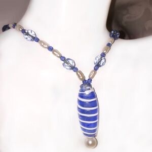 Blue/White Murano Glass/Pearl Necklace 14" Long